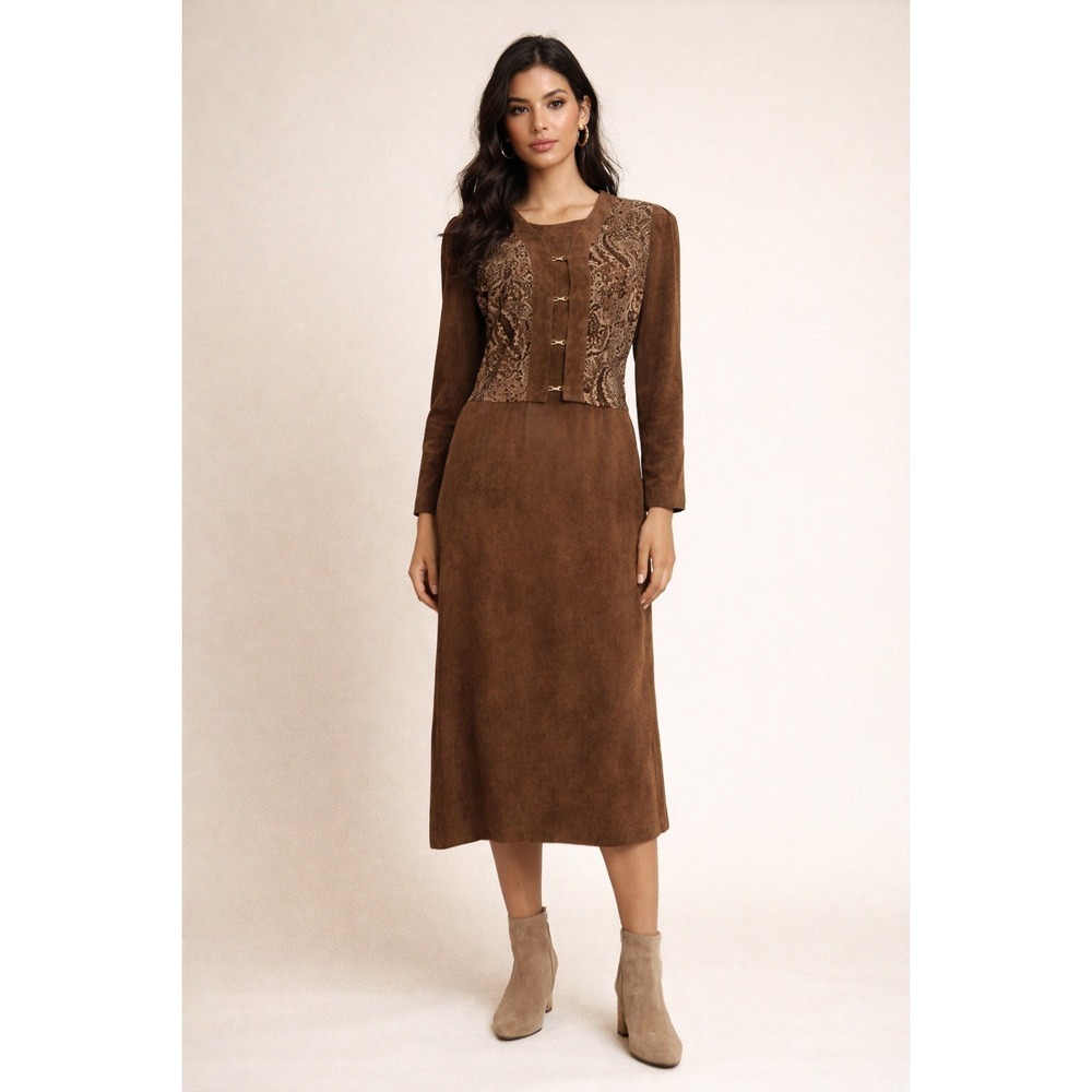 Vintage Paisley‎ Midi Dress 8 Boho Cottagecore Country Prairie Modest Faux Suede